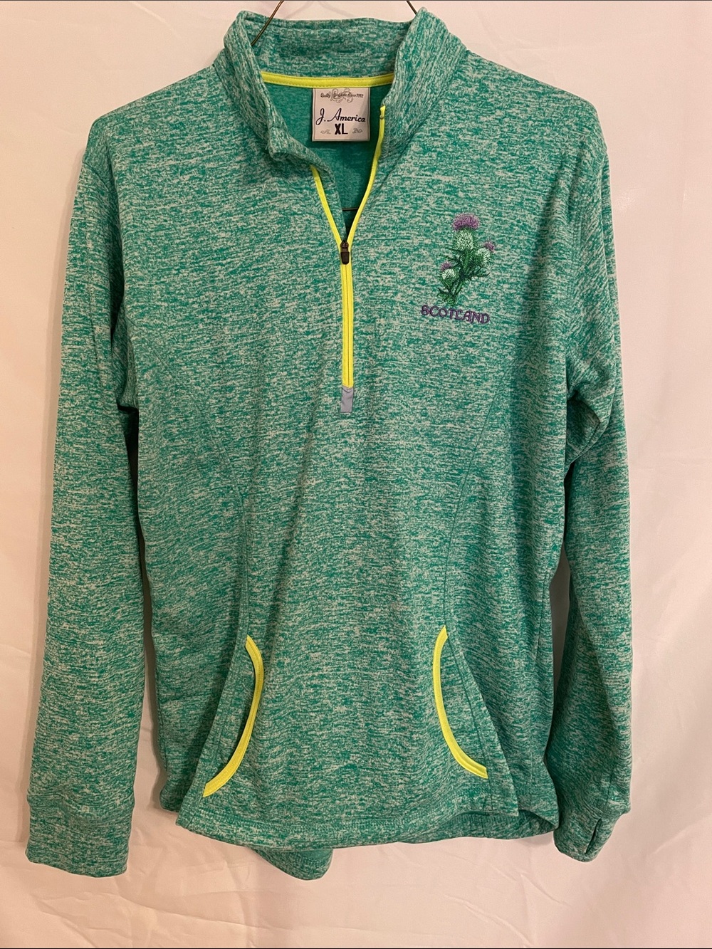 J. America Heathered Green Quarter-Zip Hoodie with Yellow Trim